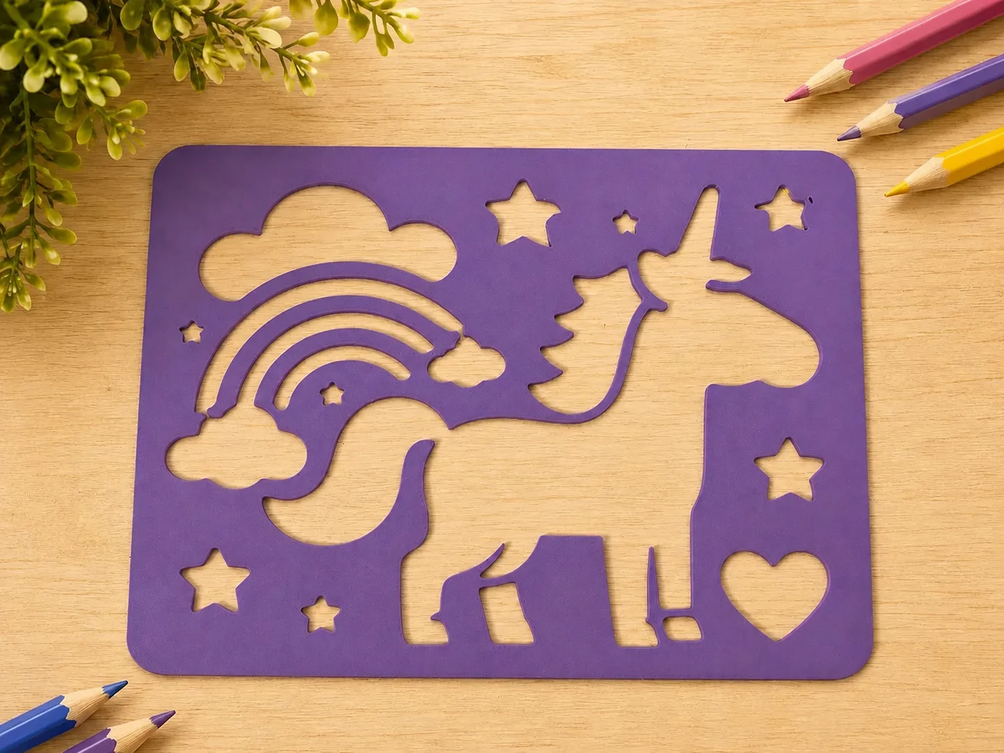 3D Baskı Unicorn ve Gökkuşağı Çizim Şablonu - Desen Kalıbı - Mor