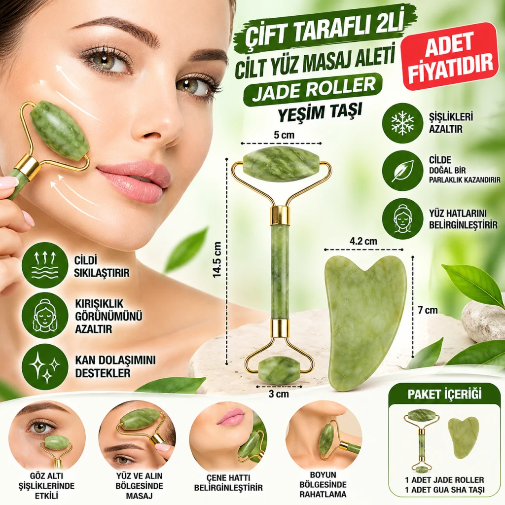 Çift Taraflı 2li Cilt Yüz Masaj Aleti Jade Roller Yeşim Taşı Seti(adet fiyatıdır)