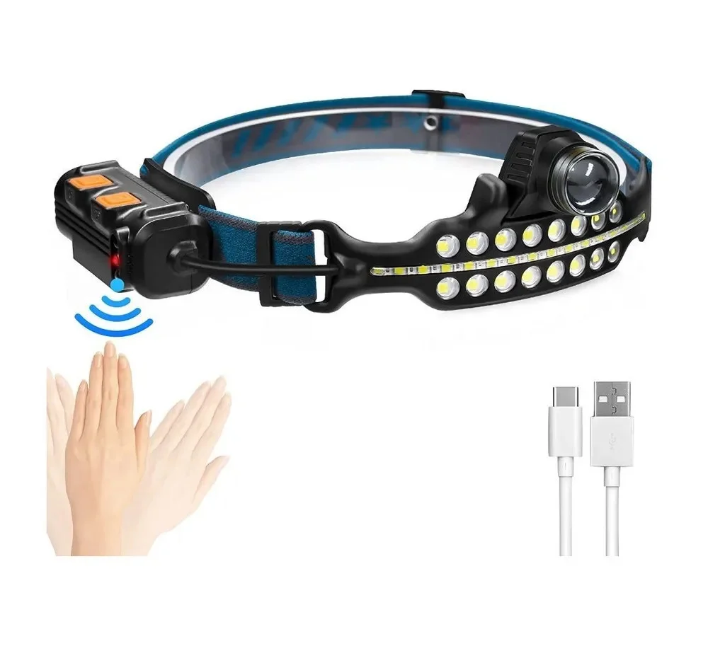 W690 7 Aydınlatma Modlu XPE COB LED Sensörlü Dahili Pilli USB Şarj Edilebilir Kafa Feneri görsel 4