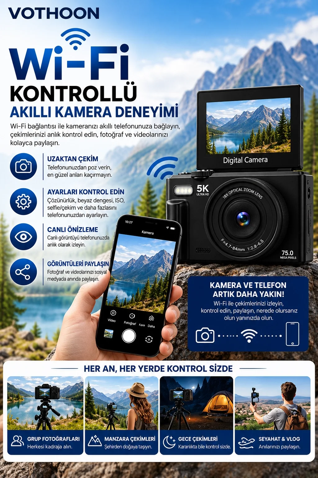 5K 75MP 18X Zoom Flaşlı 3” Flip Ekranlı Türkçe 32GB Kart Dijital Vlog Fotoğraf Makinesi Lens Hediyeli görsel 3