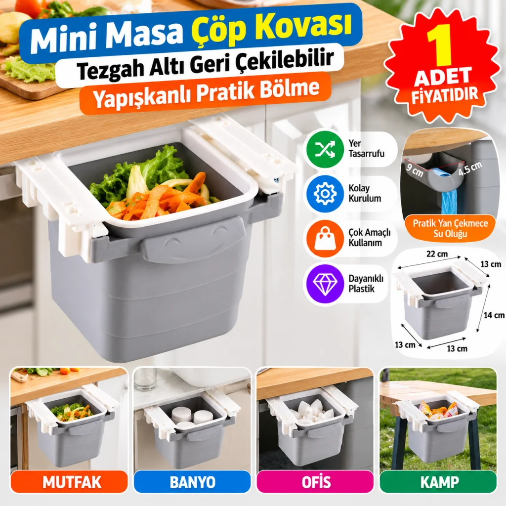 Mini Masa Çöp Kovası Plastik Tezgah Altı Geri Çekilebilir Yapışkanlı Görünmez Bölme Pratik (adet fiyatıdır)