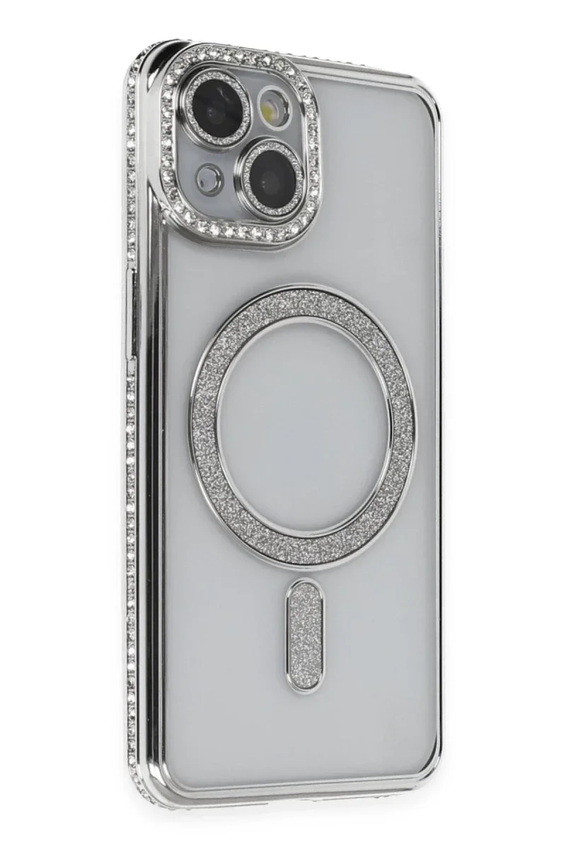 Apple iPhone 13 Kılıf Joke Simli Magneticsafe Kılıf - Gümüş