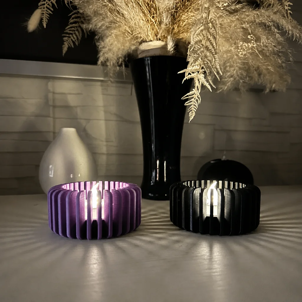 3D Baskı Modern Çizgili Mumluk - Tealight Mumluk (1 Adet)-Mor görsel 2