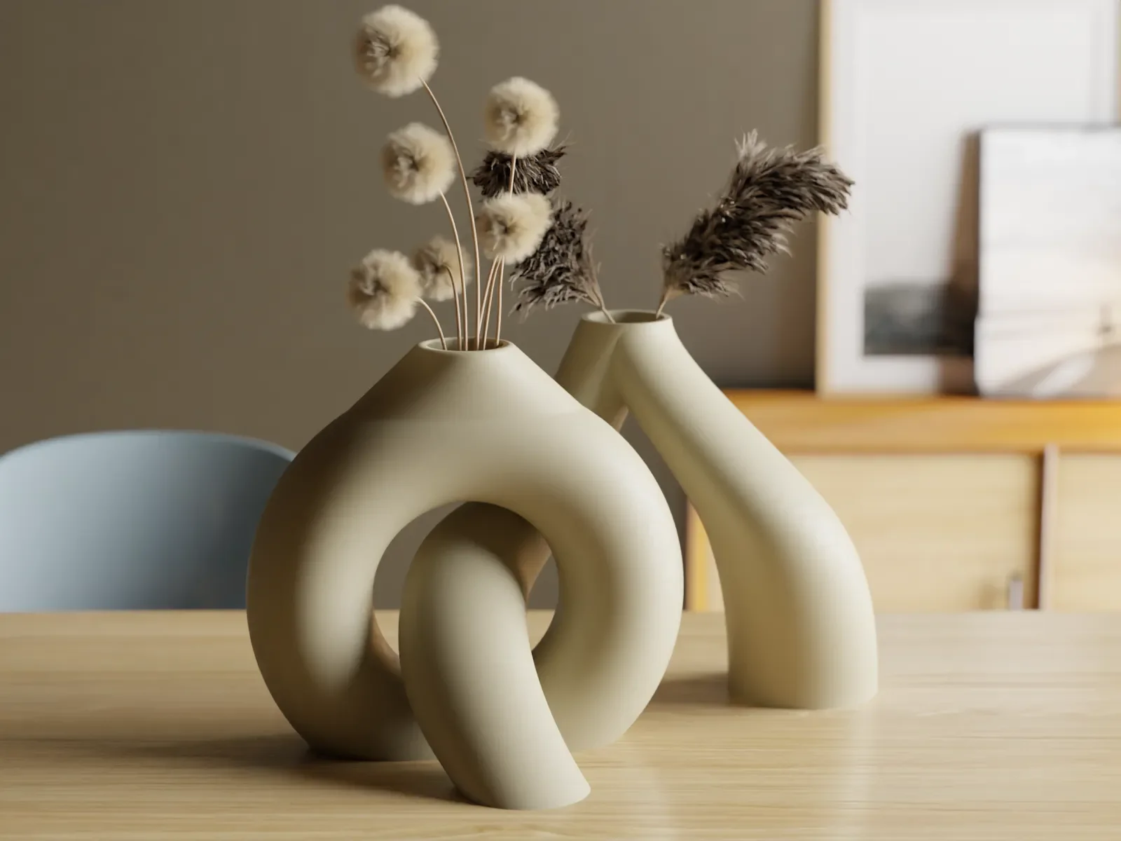 3D Baskı Interlocking Vazo - İç İçe Geçen Dekoratif Vazo-Bej