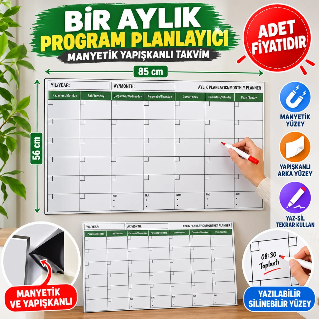 Manyetik Yapışkanlı Bir Aylık Program Planlayıcı Takvim 85x56 cm (adet fiyatıdır)