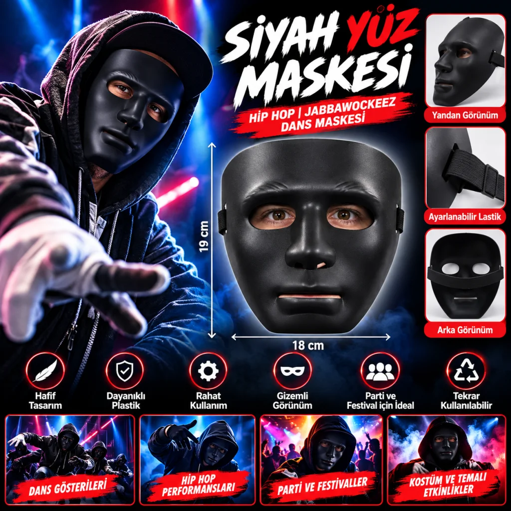Siyah Renk Hip Hop Anonim Jabbawockeez Dans Maskesi 18x19 cm
