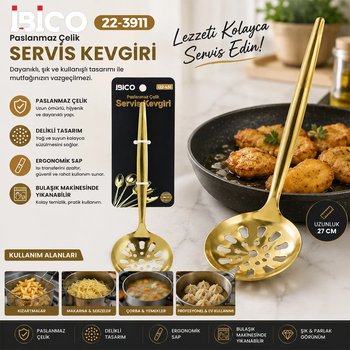 Metal Altın Servis Kevgir 27 cm görsel 3
