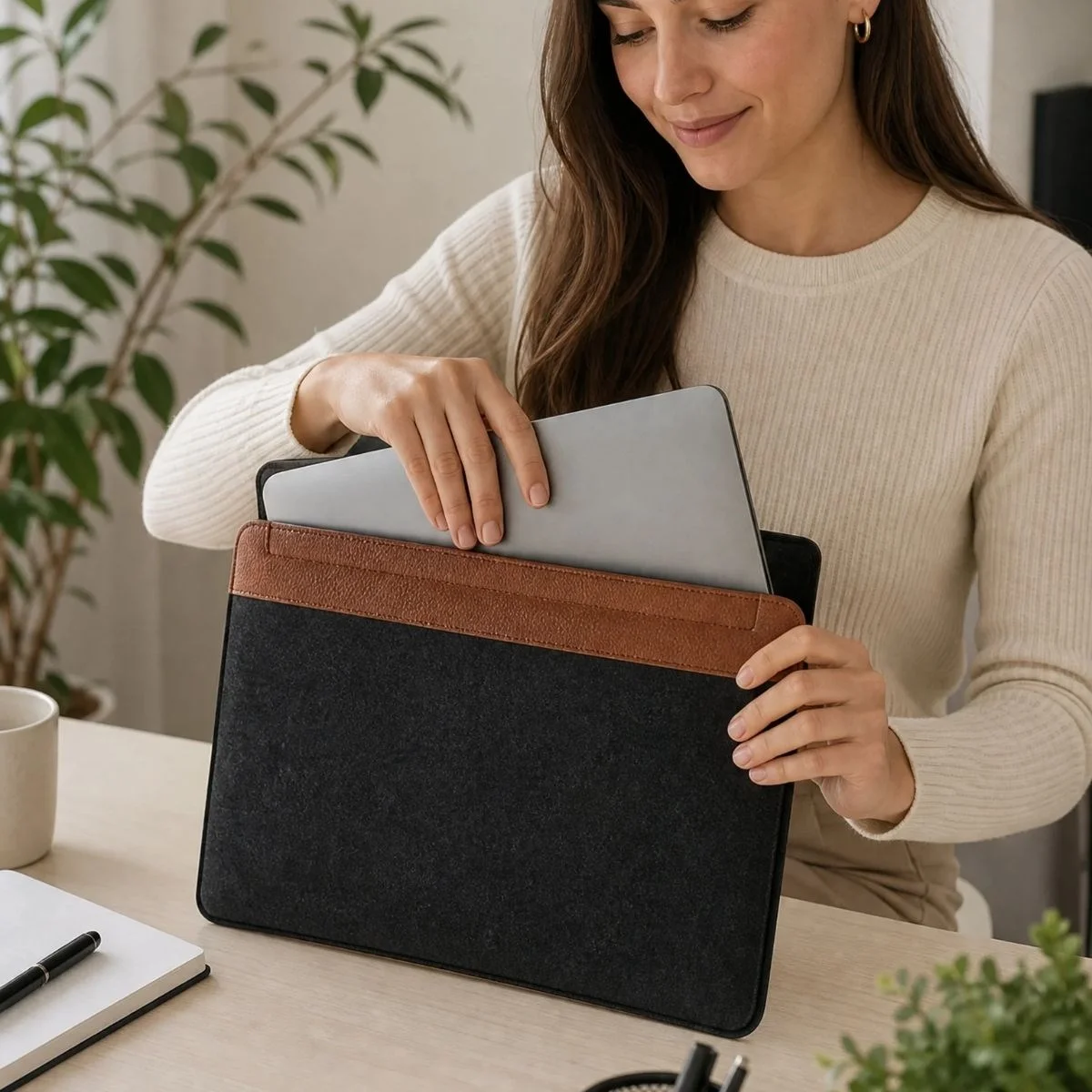 15.6 İnç Mıknatıslı Keçe Laptop ve Evrak Çantası, Notebook Bilgisayar ve Dosya Taşıma Çantası görsel 5