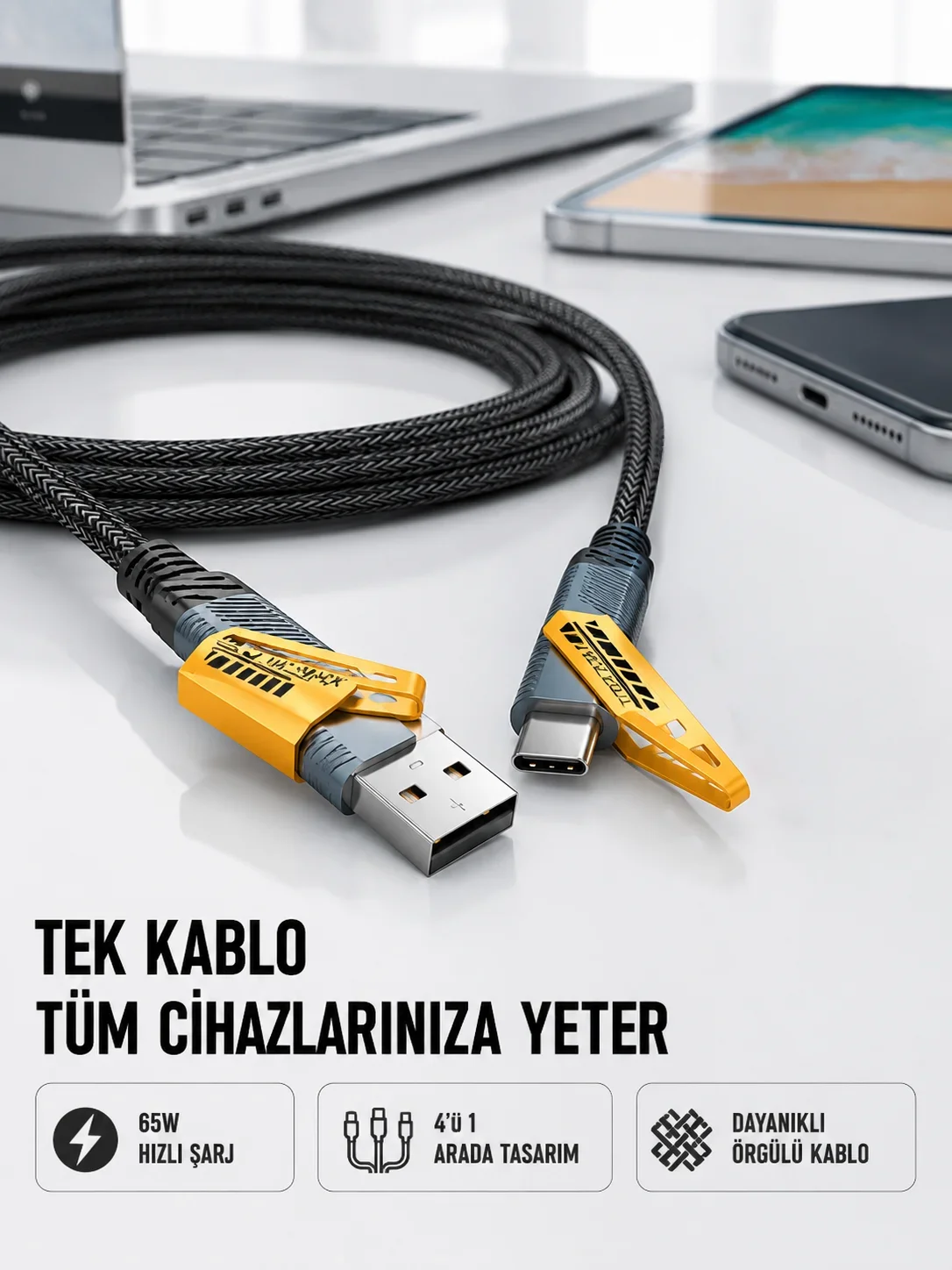 Örgülü Tasarım 4’ü 1 Arada USB-C Lightning Hızlı Şarj Kablosu
