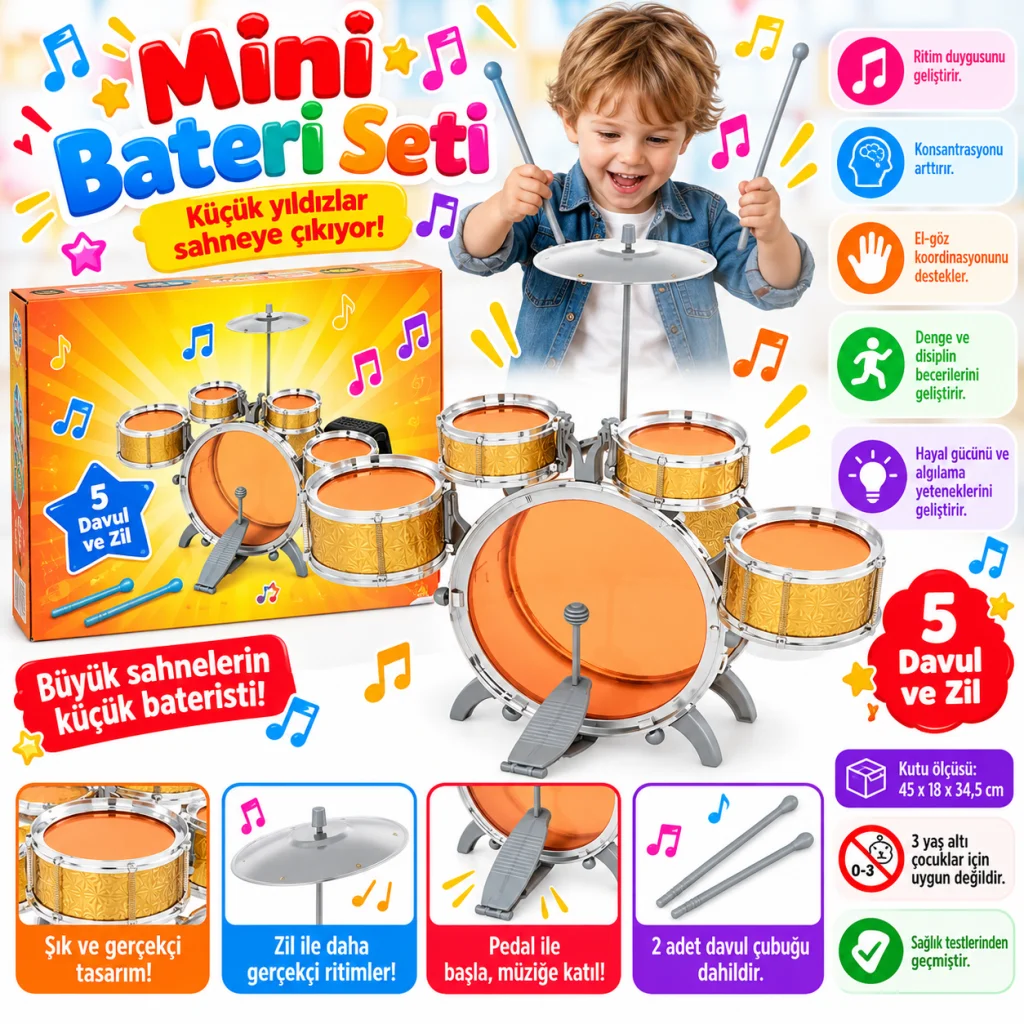 1080080 Davul Set - Jazz Drum / 5 adet Davul, Zil ve Tabure / +3 yaş