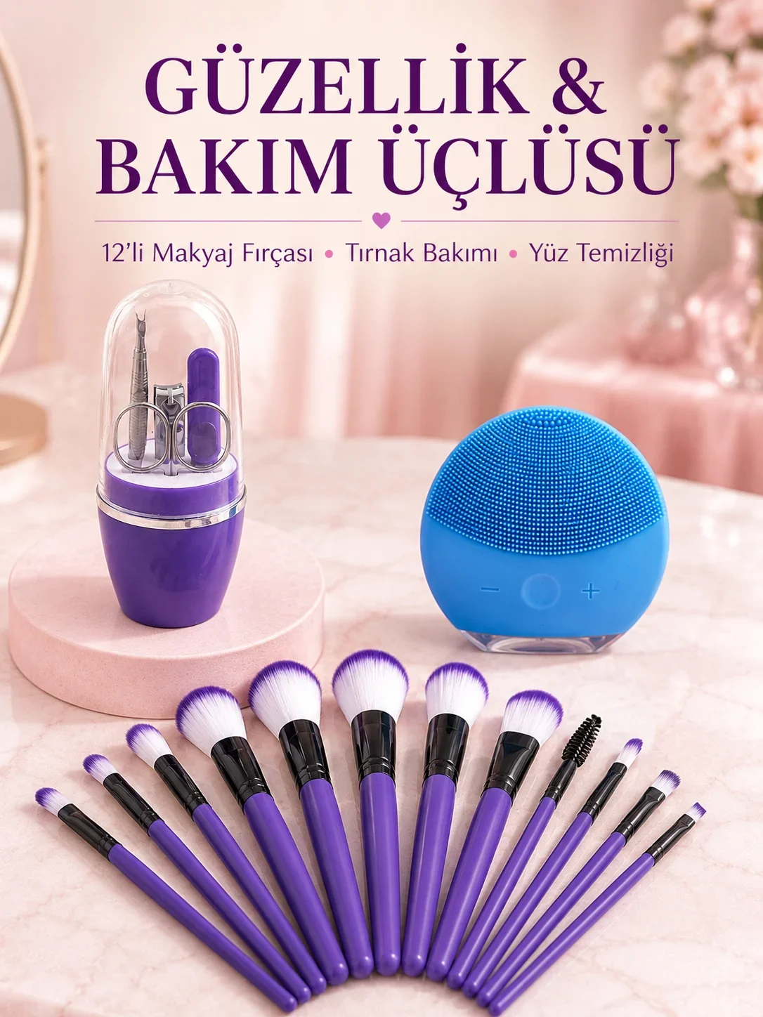 Kadın Makyaj ve Kişisel Bakım Seti 12 Parça Makyaj Fırçası Silikon Yüz Tezleyici Manikür Pedikür Tırnak Seti
