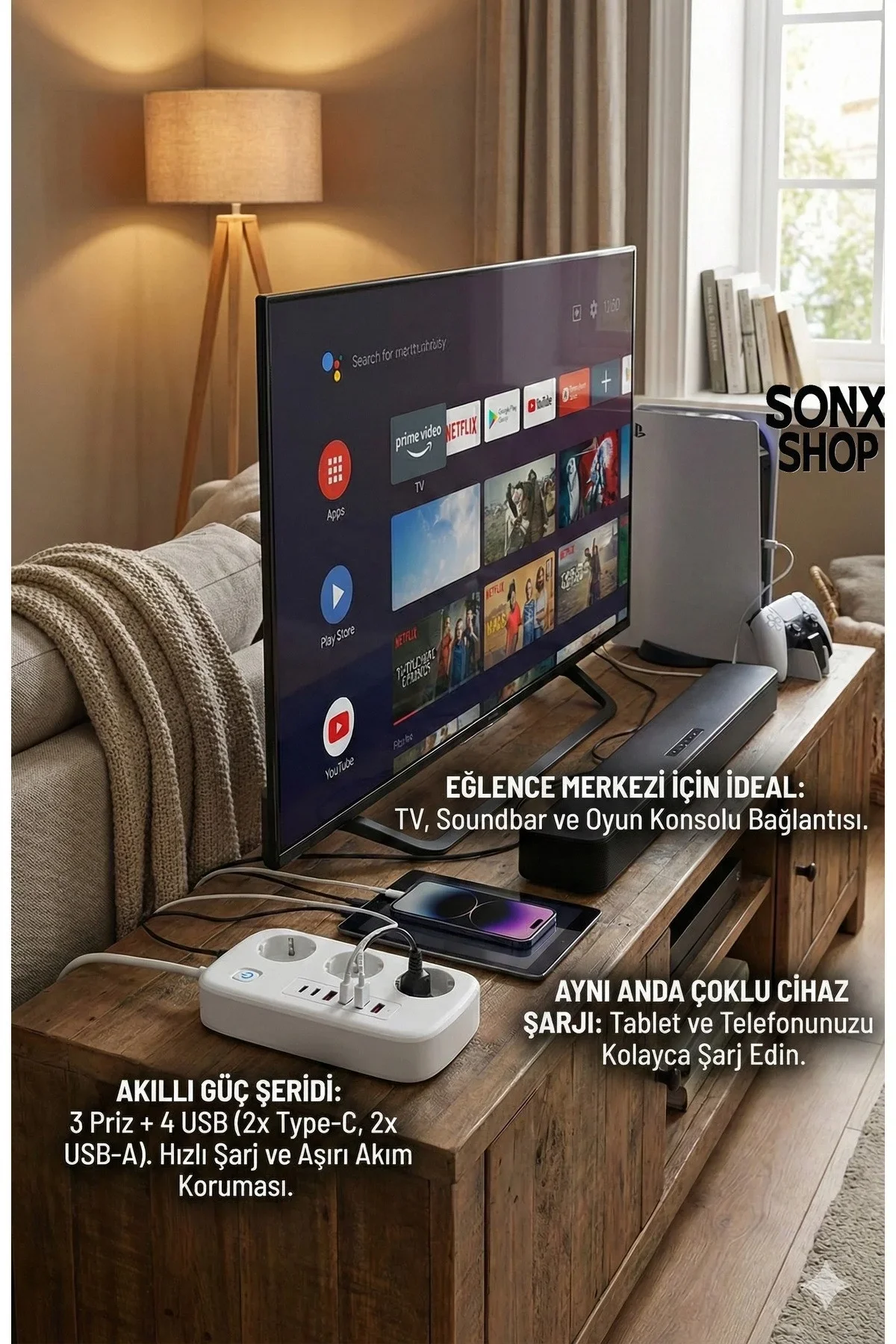 2500W Çoklu Priz 2 METRE – 3’lü AC Priz +5 USB Çıkışı AKIM KORUMALI Alev Almayan Gövde, görsel 3