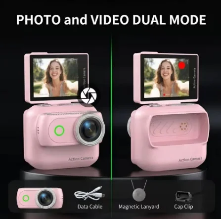 1080P Dijital Video Kamera (32GB) Kart Dijital Vlog Fotoğraf Makinesi Türkçe Pembe görsel 2