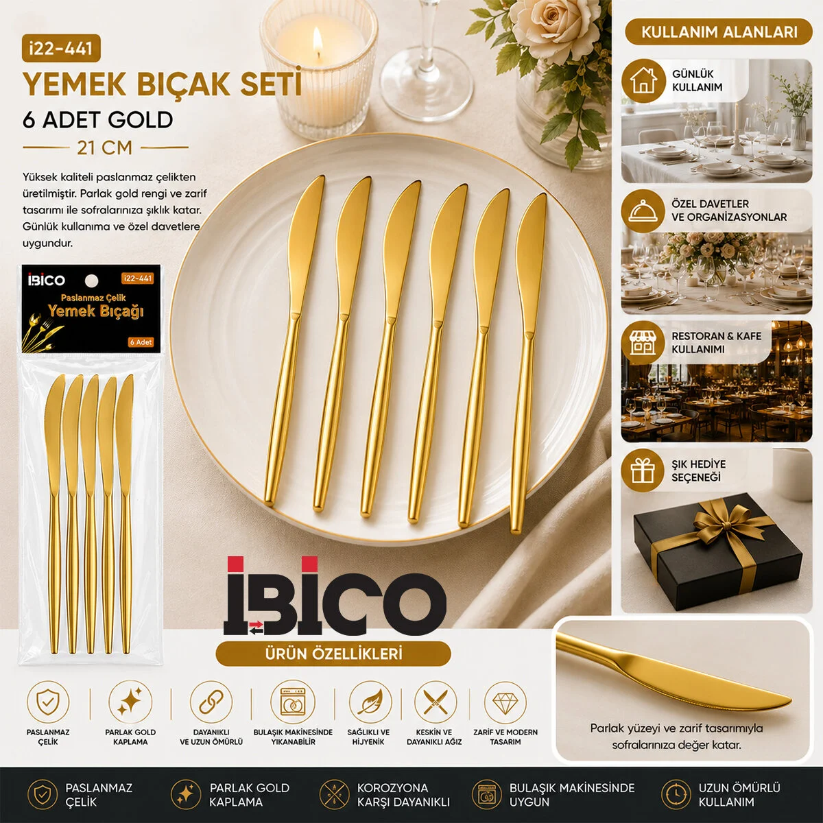 60 Parça Gold Yemek Bıçak Seti 21CM - 1 Paket İçinde 6 Adet Vardır - 10 Paket Gönderilir görsel 2