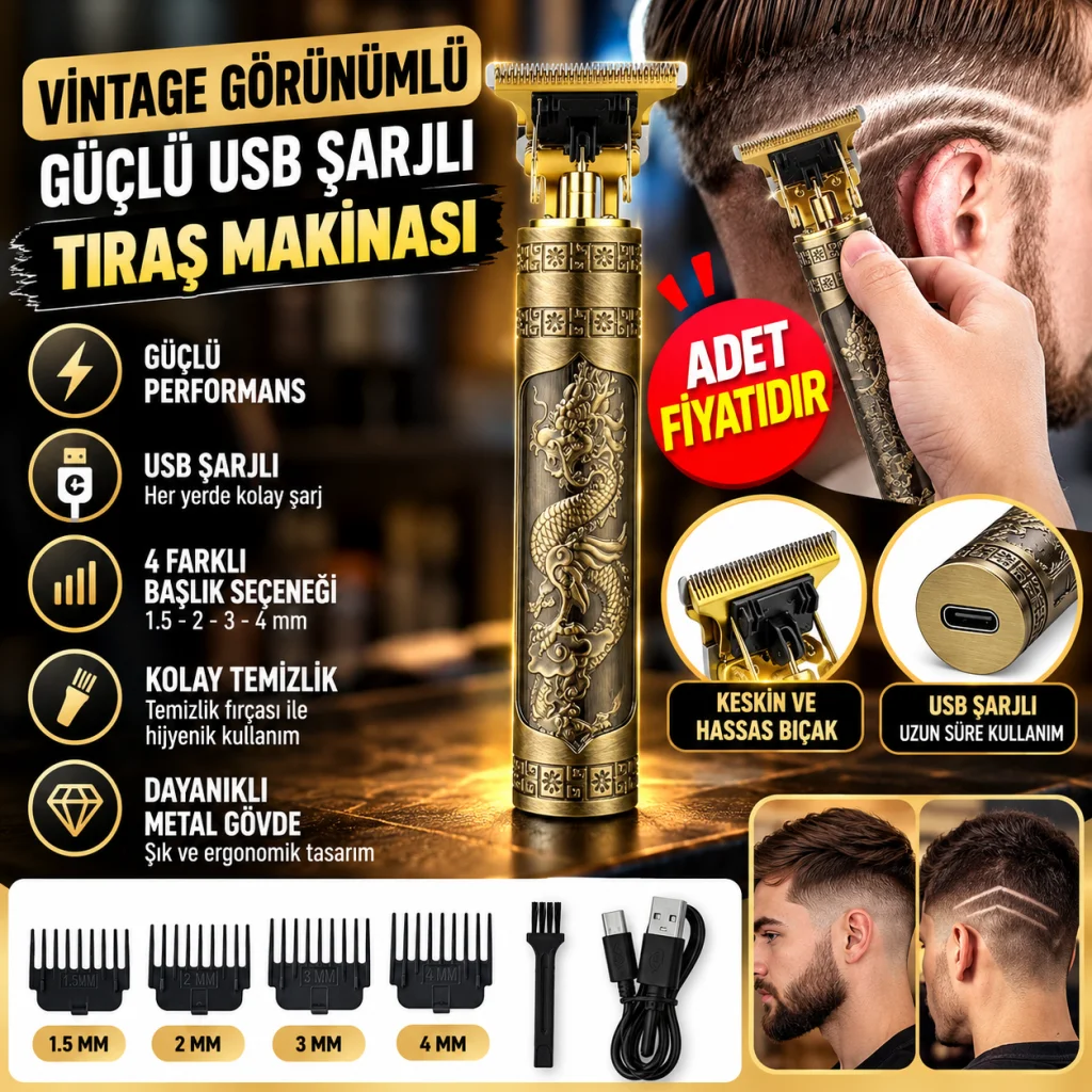 Vintage Görünümlü Güçlü 4 Farklı Başlıklı USB ŞarjlI Manuel Tıraş Makinası (adet fiyatıdır)