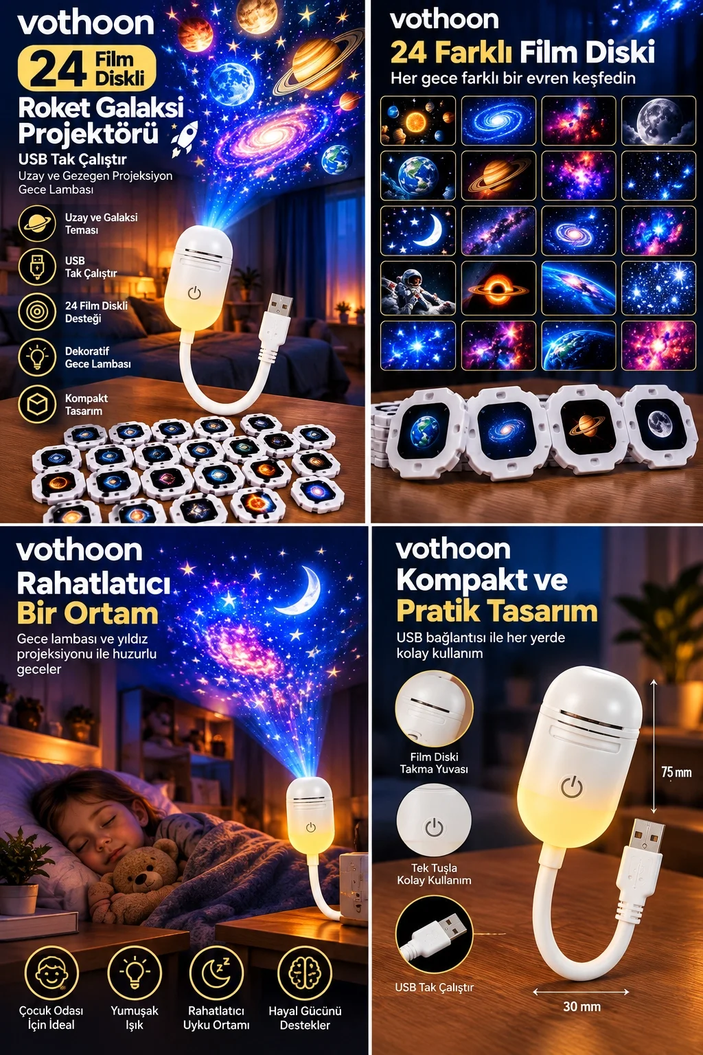 24 Film Diskli Galaksi Uzay Projektörü USB Tak Çalıştır Çocuk Odası Projeksiyon Gece Lambası görsel 2