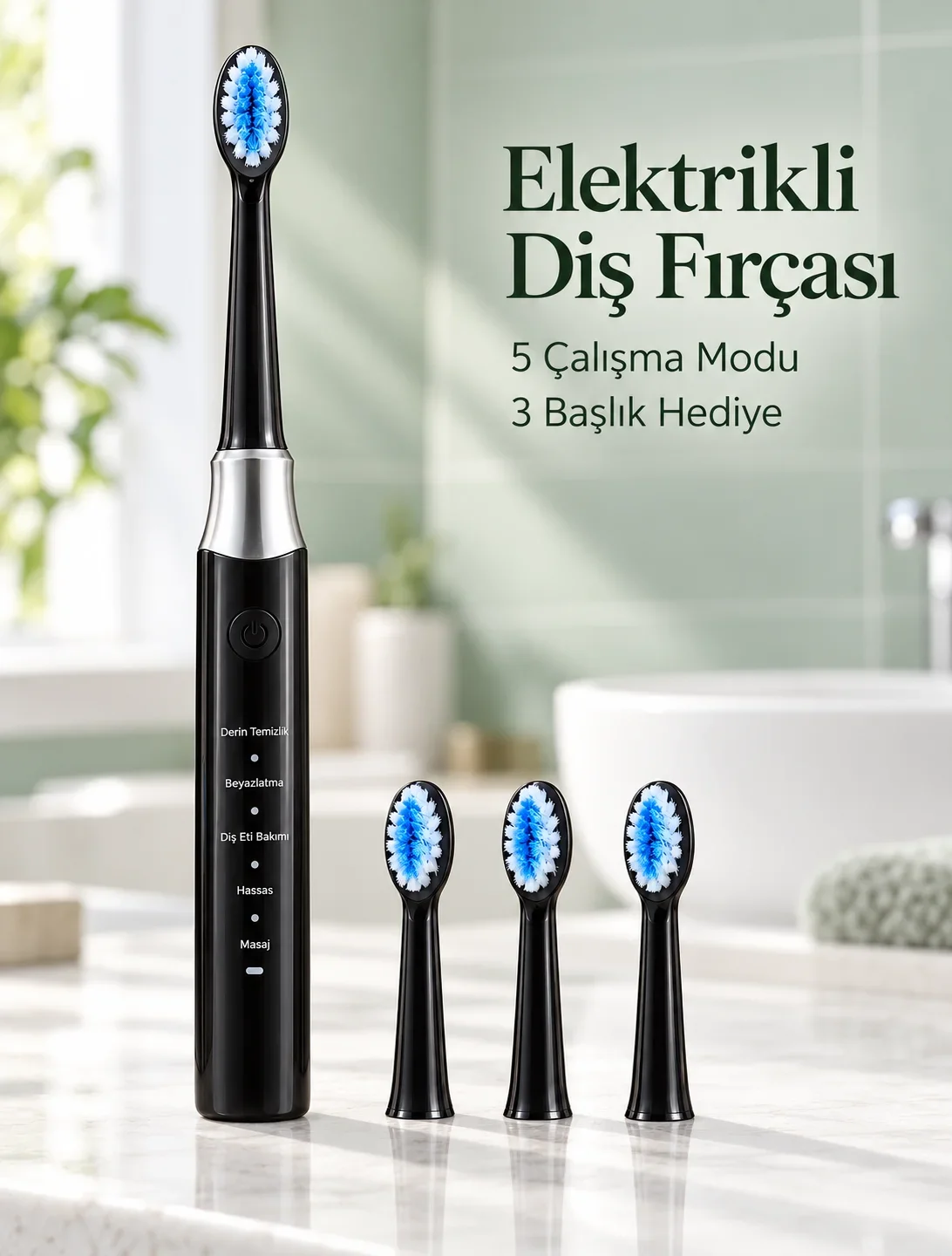 Günlük Ağız Bakımı İçin Şarj Edilebilir 5 Modlu Siyah Elektrikli Diş Fırçası