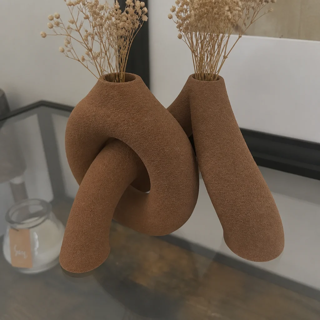 3D Baskı Interlocking Vazo - İç İçe Geçen Dekoratif Vazo-Kahverengi görsel 3