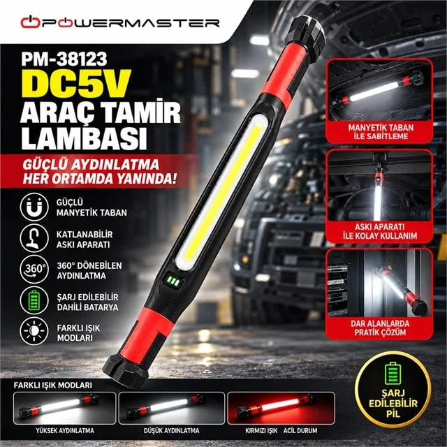 PM-38123 DC 5V Şarjlı Manyetik Taban Askı Aparatı Çoklu Işık Modu Araç Tamir Lambası görsel 5