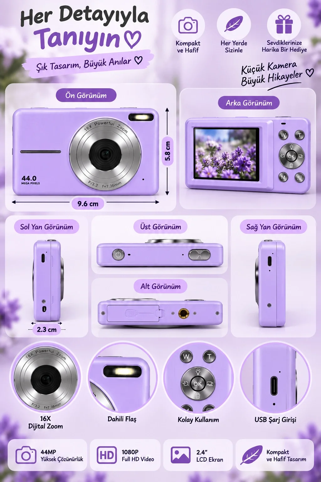 4K Figürlü Çantalı Dijital Video Kamera 44MP 16X Zoom Işıklı Kart Dijital Fotoğraf Makinesi 64gb Hafıza Kart Hediyeli Mor görsel 3