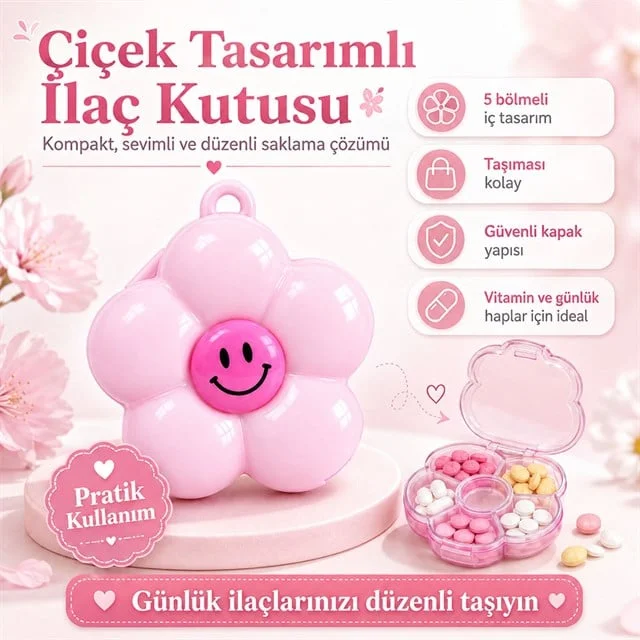 SN-38886 Hap İlaç Saklama Kutusu 5 Bölmeli Çiçek Tasarımlı Taşınabilir Anahtarlıklı Organizatör görsel 3