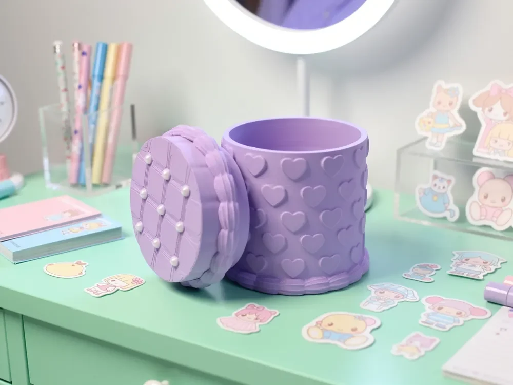 3D Baskı Kabartma Kalp Desenli Kapaklı Kalemlik - Masaüstü Organizer - Mor