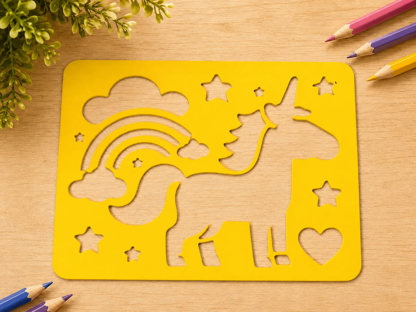 3D Baskı Unicorn ve Gökkuşağı Çizim Şablonu - Desen Kalıbı - Sarı