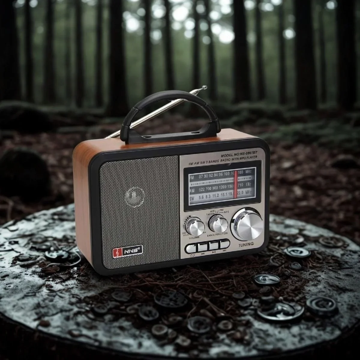 Orta Boy Retro, Nostaljik, Ahşap Tasarım Bluetooth Hoparlörlü, Şarjlı, Taşınabilir FM/AM Destekli Radyo NS-8897 görsel 3
