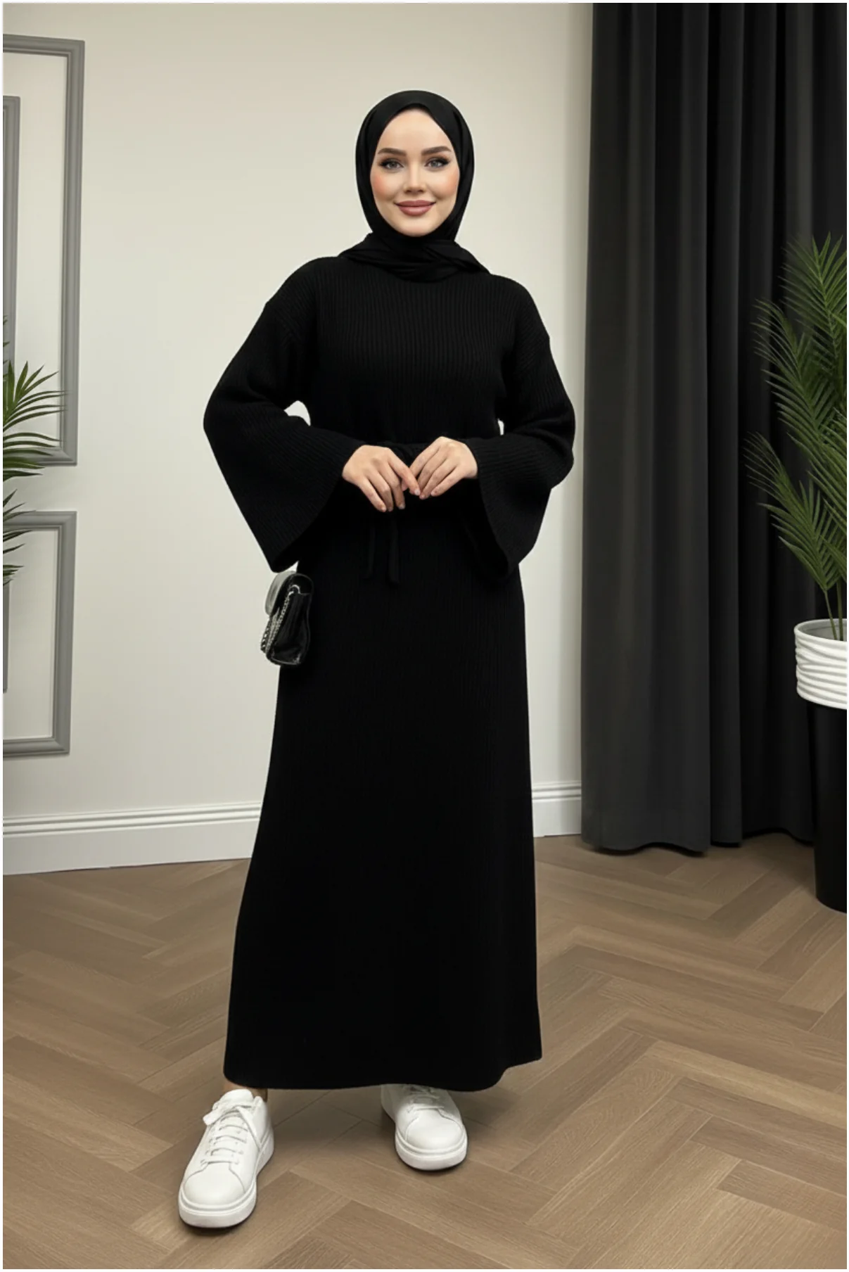Kadın Şık Krem Ribı Fitilli Uzun Tesettürlü Kışlık Çan Kol Detaylı (Astarlı/Örme) Elbise görsel 6