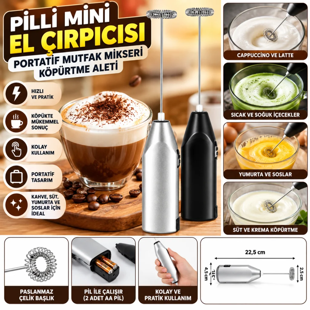 El Çırpıcısı Pilli Mini Portatif Mutfak Mikseri Köpürtme Aleti
