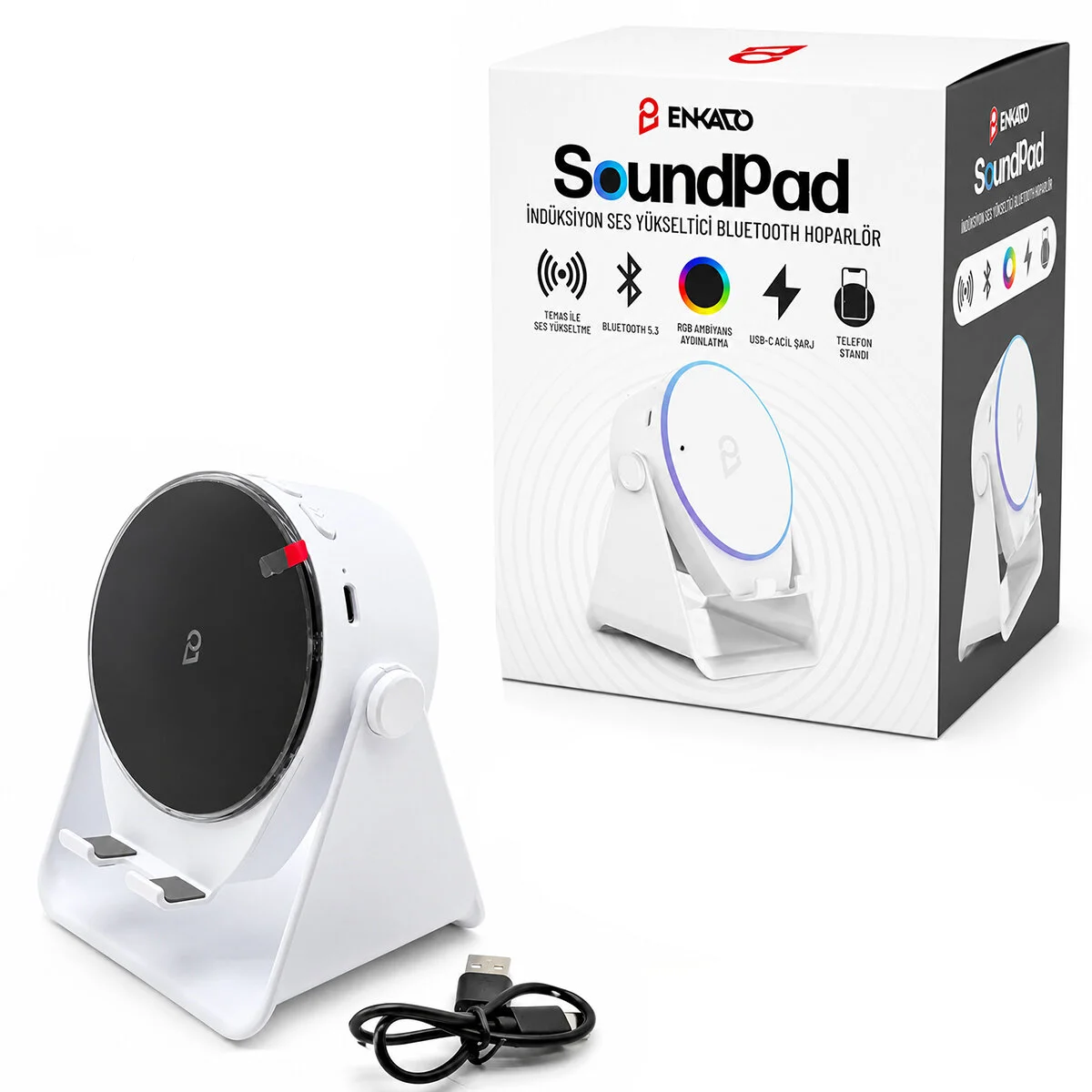 SOUNDPAD 5IN1 - 5W - 2000mAh TEMAS İLE SES YÜKSELTME - TELEFON STAND - USB-C ŞARJ BEYAZ İNDİKSİYON SES YÜKSELTİCİ BLUETOOTH HOPARLÖR SPEAKER EKD-S11