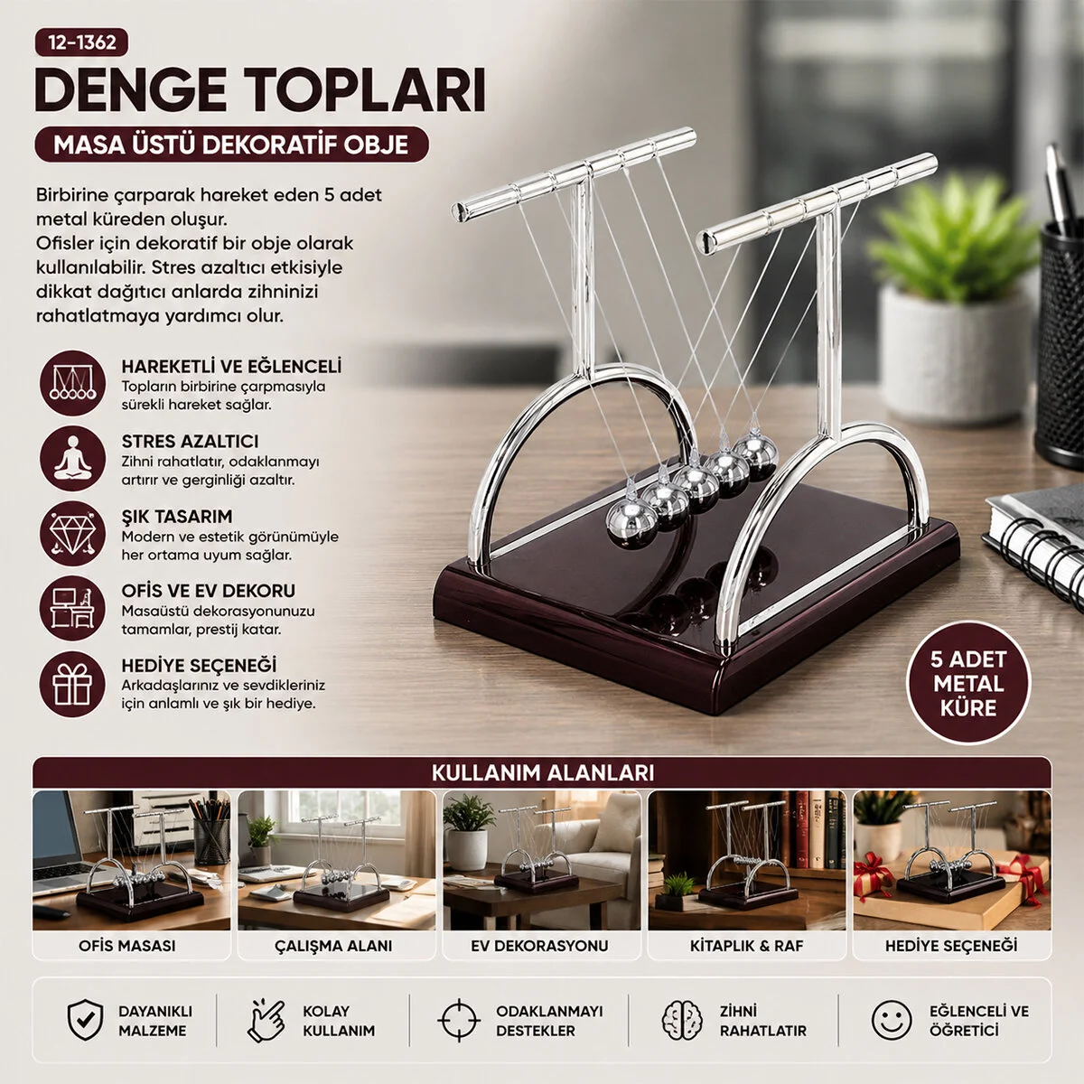 Balance Balls Büyük Newton - Metal Denge Topları Masa Üstü görsel 2