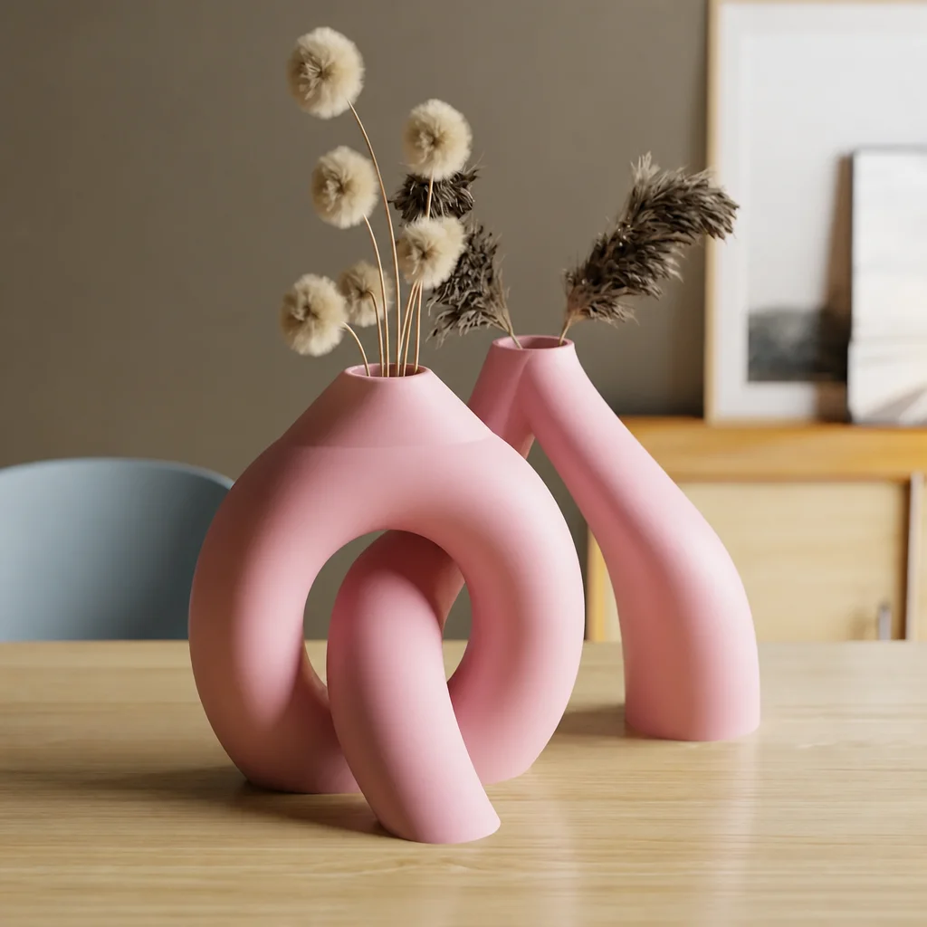 3D Baskı Interlocking Vazo - İç İçe Geçen Dekoratif Vazo-Pembe