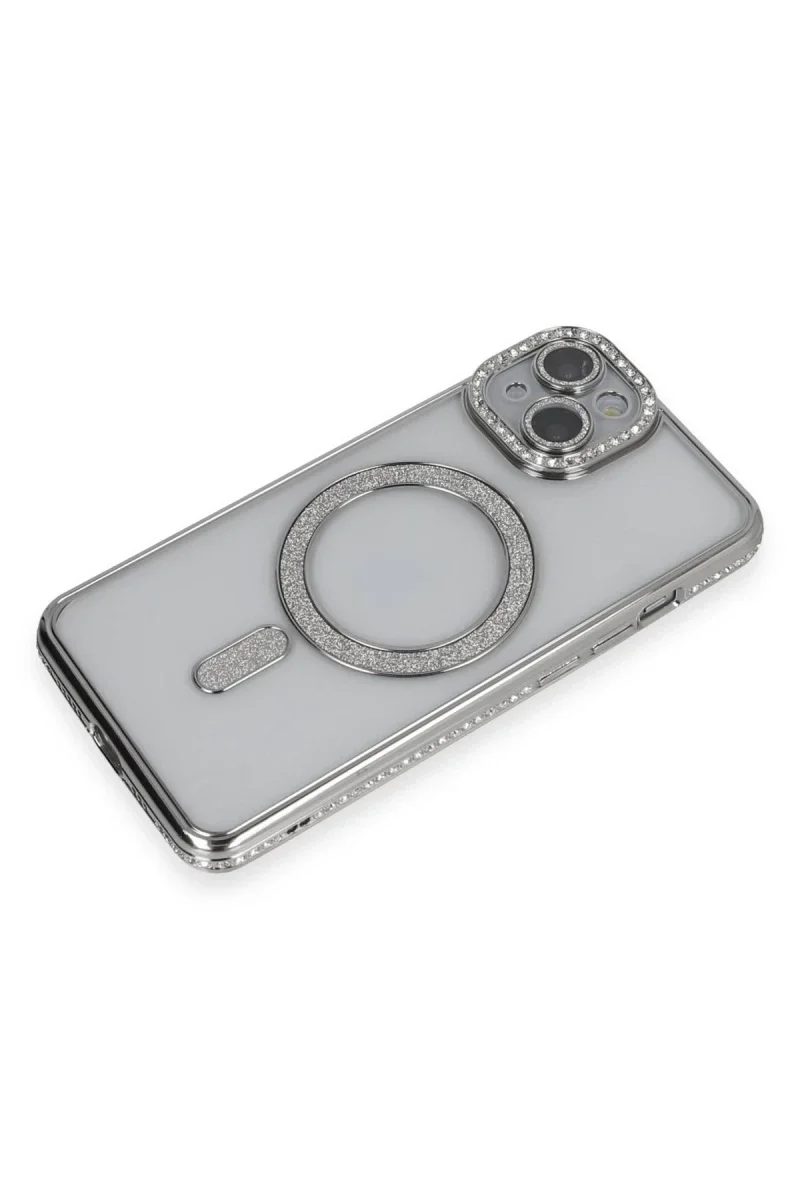 Apple iPhone 13 Kılıf Joke Simli Magneticsafe Kılıf - Gümüş görsel 3