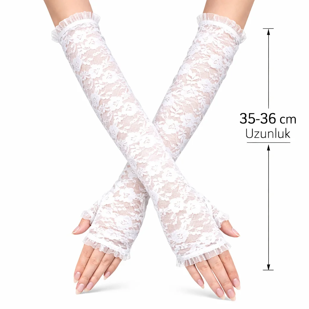 Uzun Zarif Dantel Eldiven Parmaksız Beyaz 35 cm görsel 2