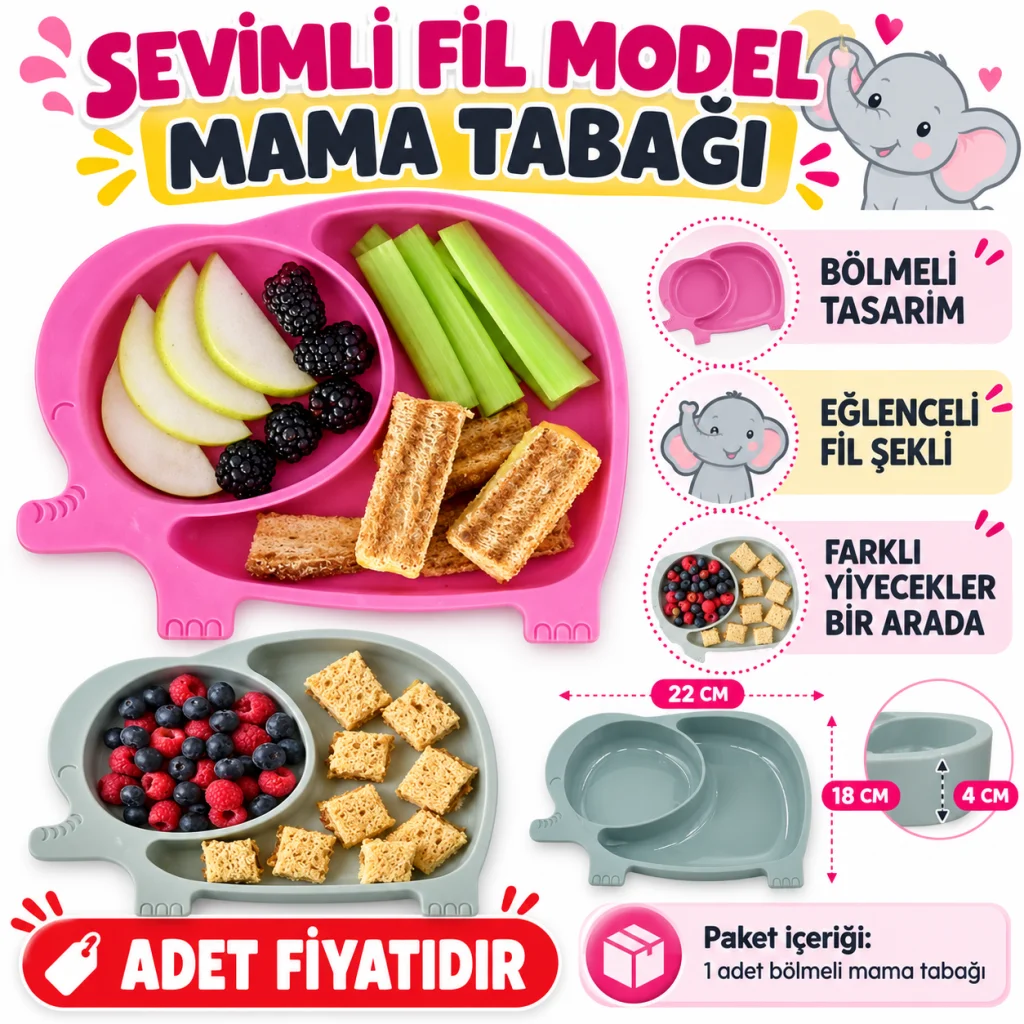 Bebek ve Çocuk için Sevimli Fil Model Desenli Yemek Bebek Mama Kabı Bölmeli Tabak (adet fiyatıdır)