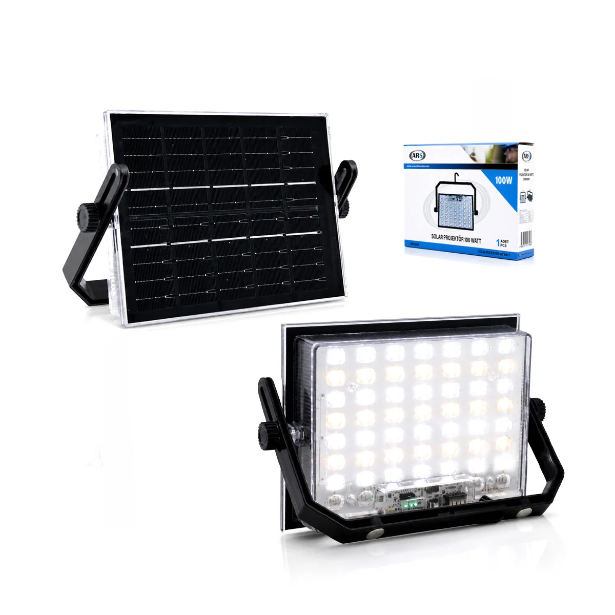 100W Güneş Enerjili Led Işık Solar Projektör - Fener Kamp - Dış Mekan 3 Farklı Led Işık 348960 Lmb