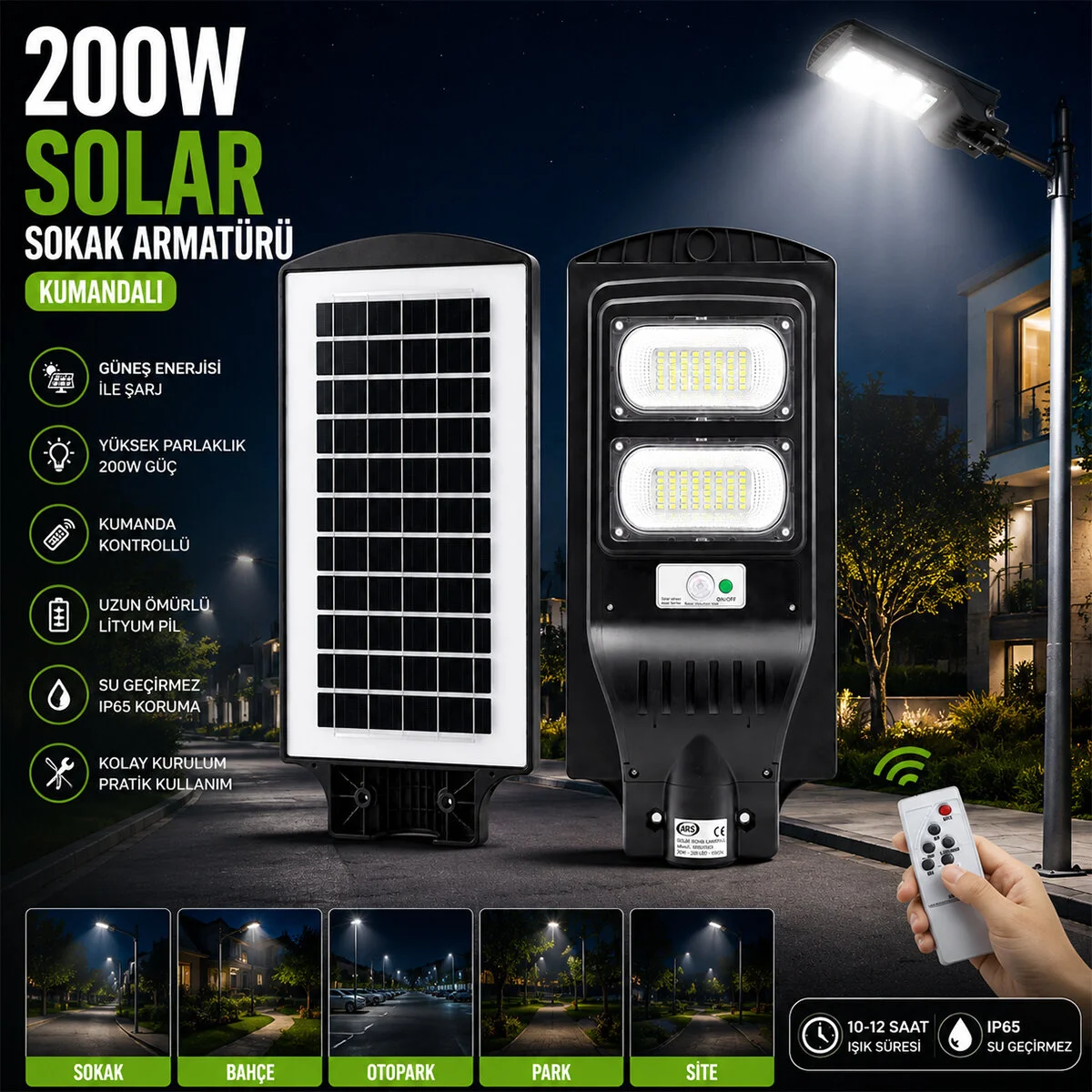 200W - 6500K Solar - Güneş Enerjili Sokak Lambası - Armatür Sensörlü Bahçe-balkon-sokak ARS-348965 görsel 2