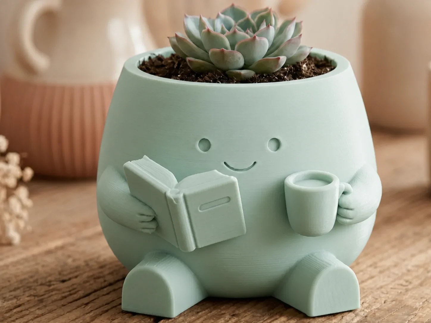 3D Baskı Kitap Okuyan Saksı - Kupa Tutan Sevimli Saksı-Mint
