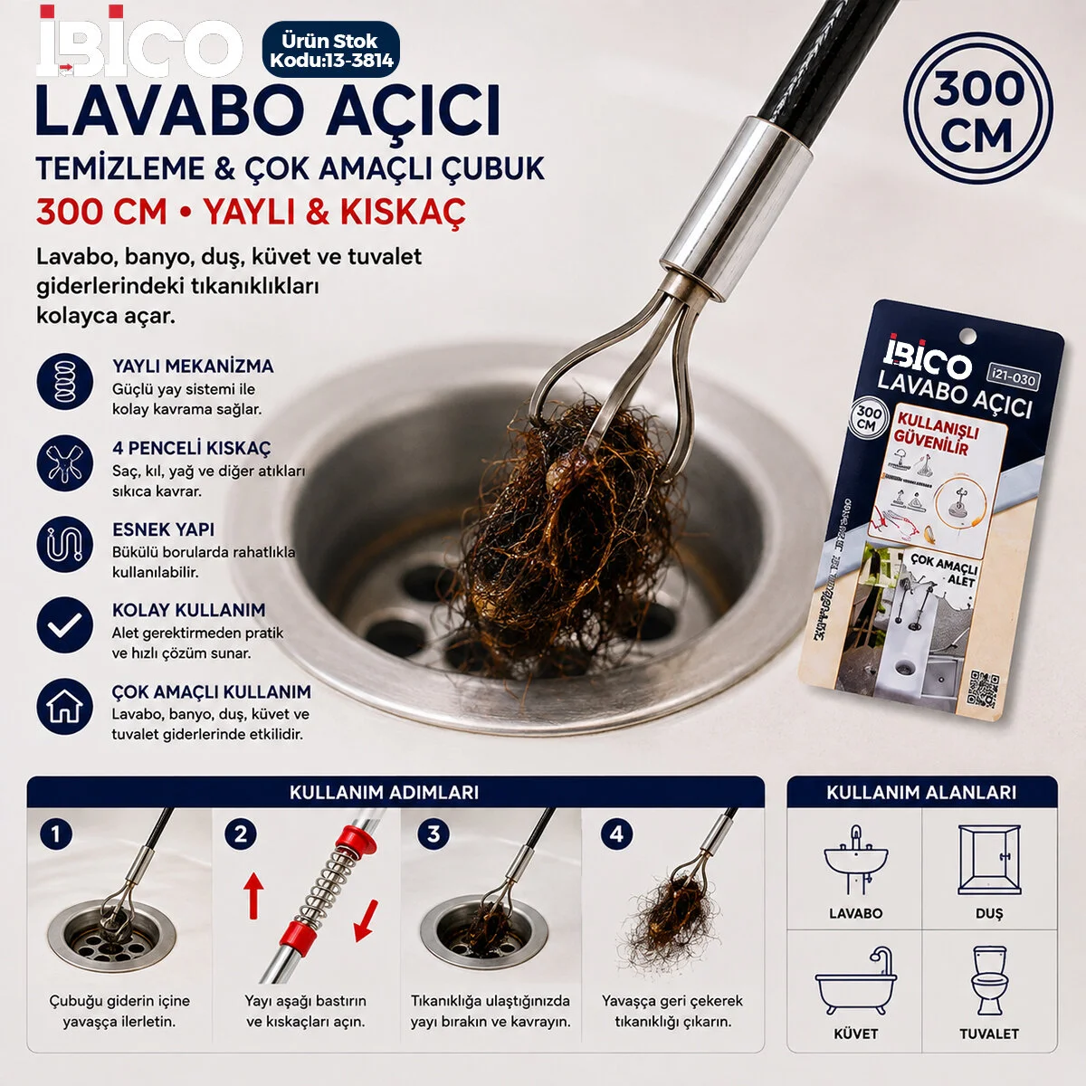 300CM Yaylı - Kıskaç Lavabo - Gider Vb.tezleme - Çok Amaçlı Çubuk görsel 4