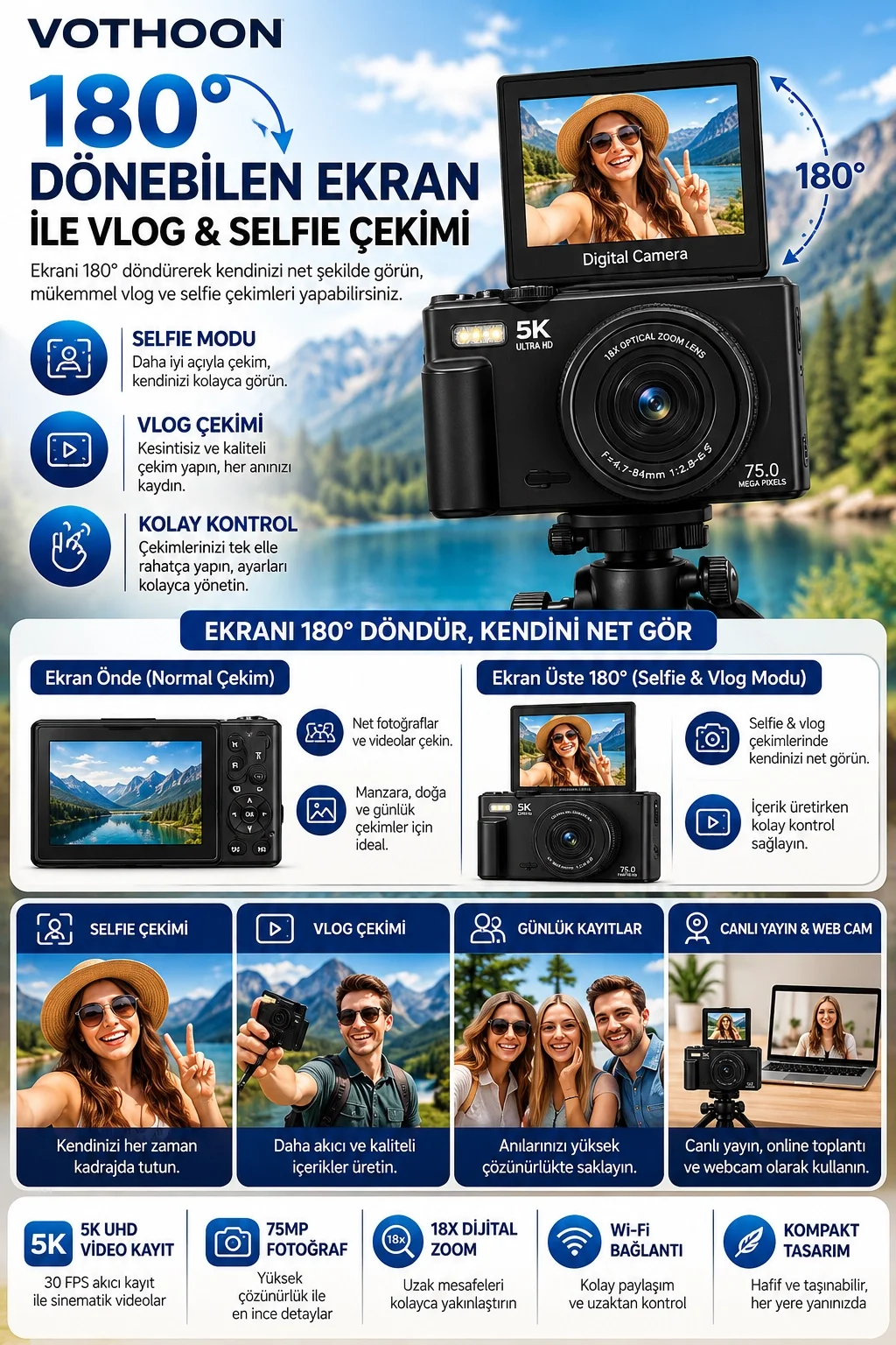 5K 75MP 18X Zoom Flaşlı 3” Flip Ekranlı Türkçe 32GB Kart Dijital Vlog Fotoğraf Makinesi Lens Hediyeli görsel 5