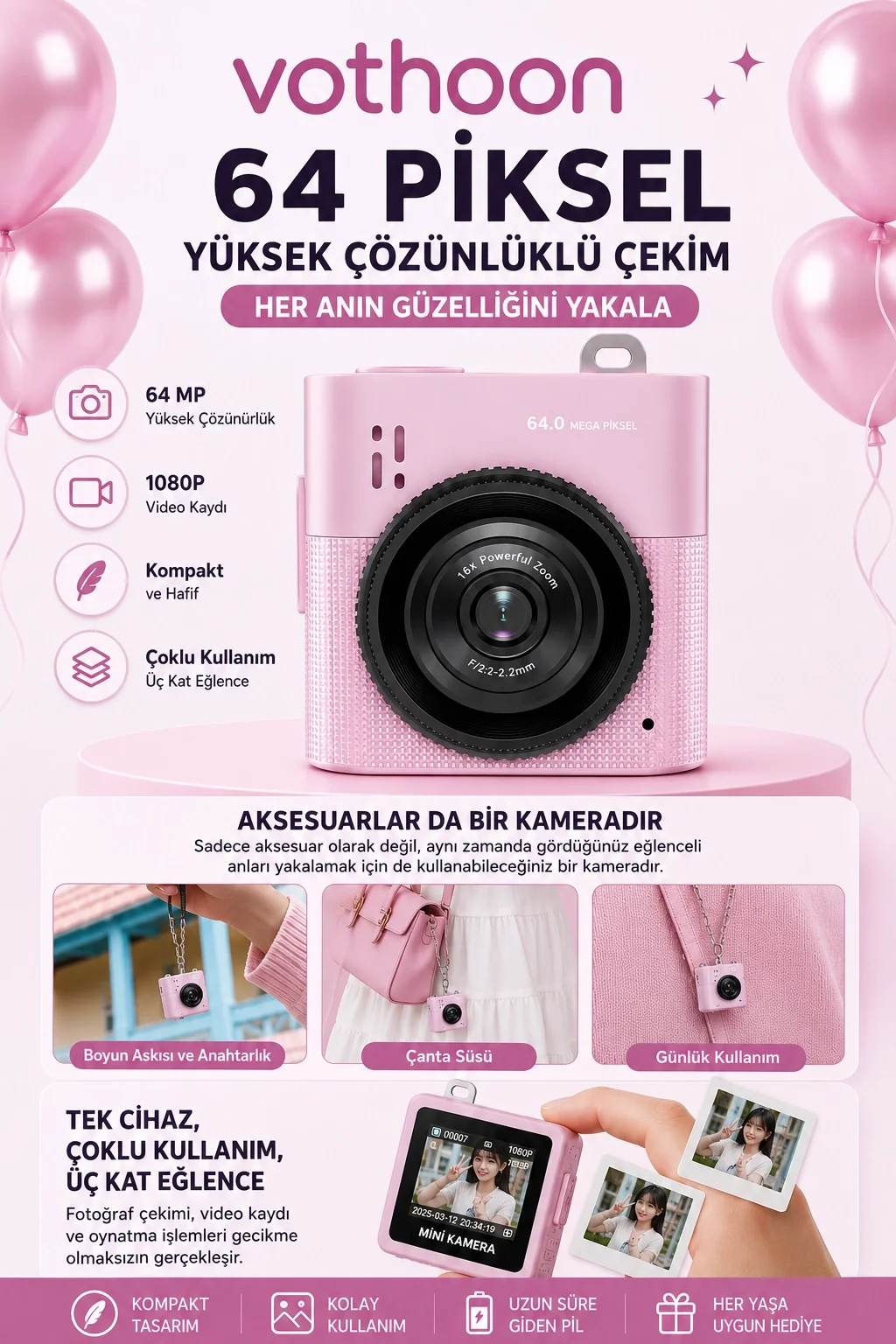 Mini Dijital Kamera 64MP 16x Digital Zoom Retro Vintage 1.4’’Ekranlı Video Kamera Taşınabilir Tasarım Pembe