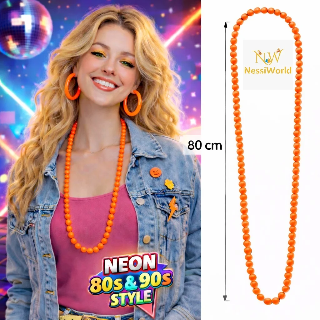 Neon Turuncu Boncuk Kolye 80 cm – Retro 80’ler 90’lar Parti Aksesuarı görsel 2