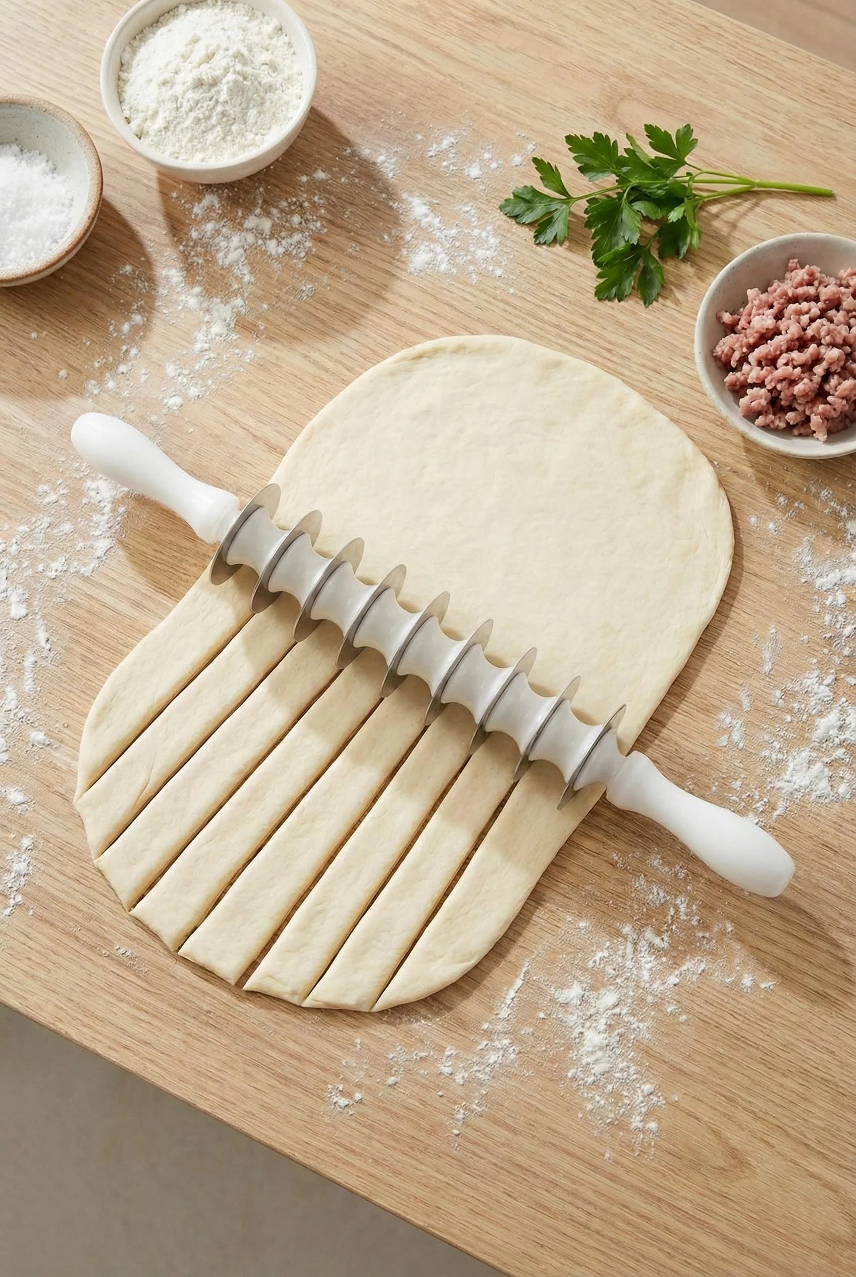 9 Bıçaklı Paslanmaz Çelik Mantı Merdanesi & Pratik Hamur Kesme Aparatı (43 cm) görsel 2