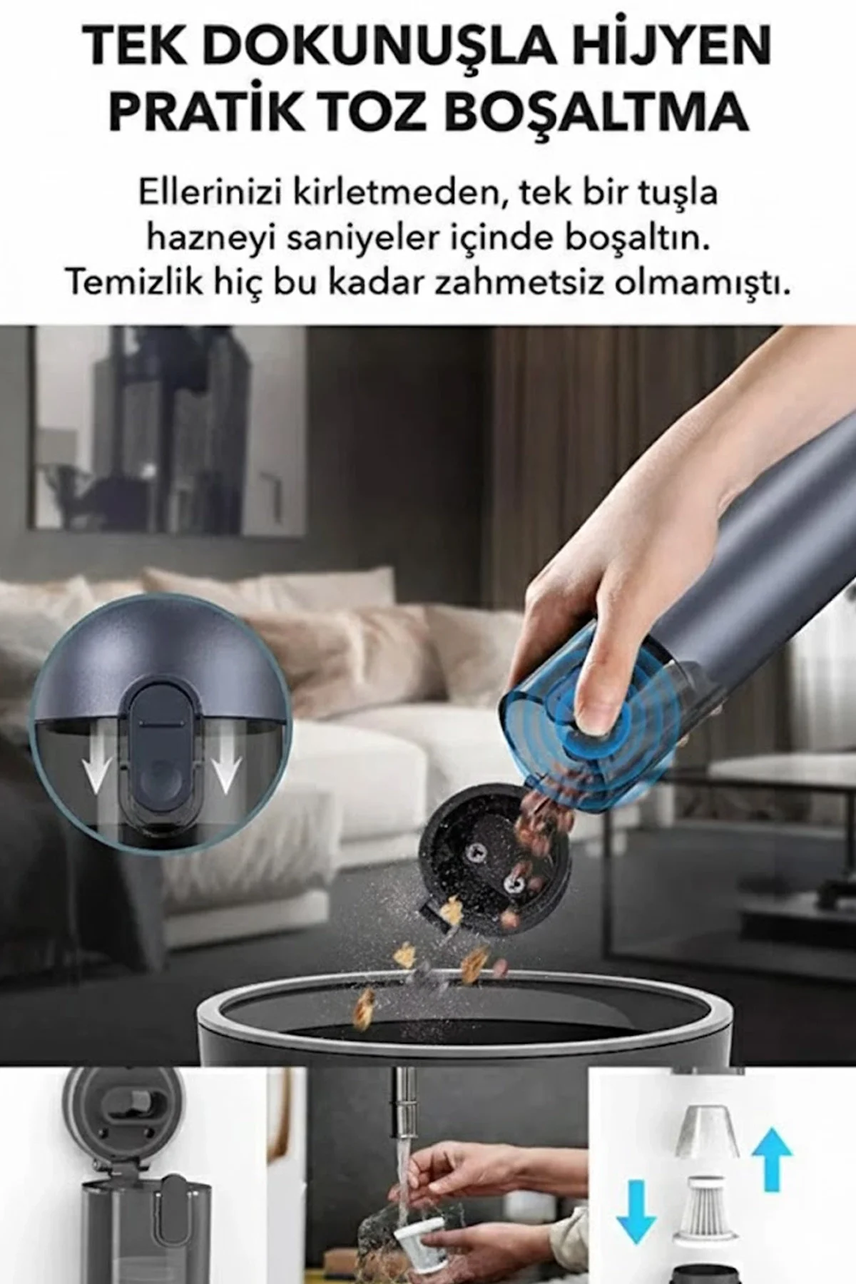 Araç Süpürgesi Şarjlı 120w 20.000pa Göstergeli Yeni Nesil Metal Filtre Extra Vakum Ve Üfleme görsel 7