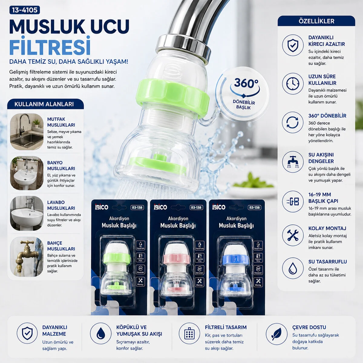 12 Adet Musluk Ucu Filtresi Akordiyon - Pervaneli 360° 16-19MM Tüm Musluklara Uyum Kireçlenme Yapmaz görsel 2