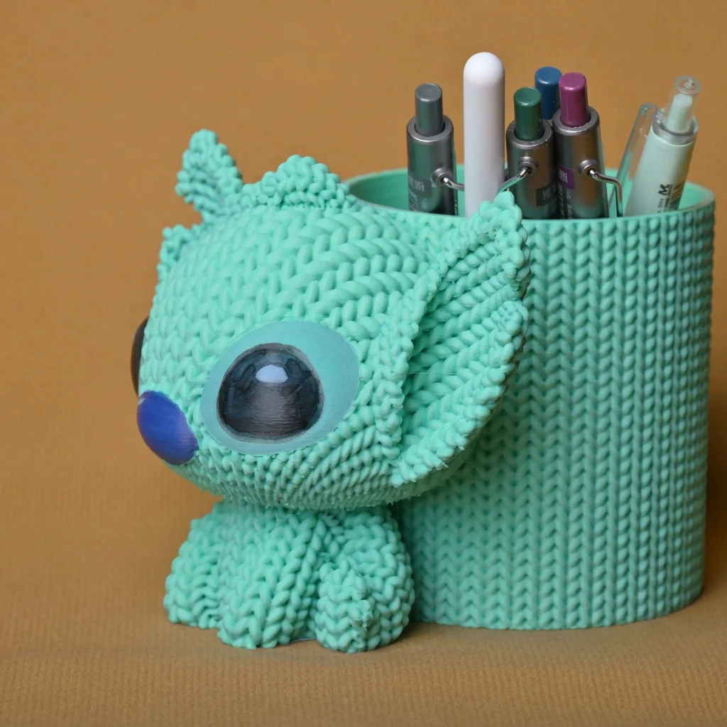 3D Baskı Knitted Kalemlik - Sevimli Karakterli Masaüstü Kalem Organizeri-Mint görsel 3