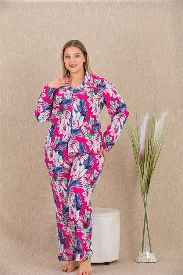 Büyük Beden Renkli Yaprak Desenli Düğmeli Uzun Kol Viskon Pijama Takımı görsel 2
