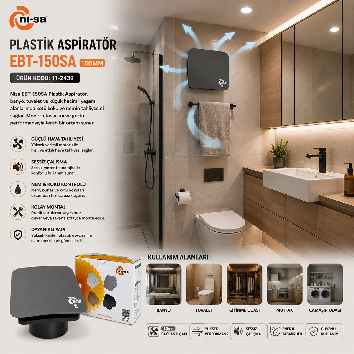 Plastik Aspiratör 150 Antrasit Banyo Tuvalet Havalandırma Aspiratörü 20W 2800RPM 320M3/H EBT-150SA görsel 3