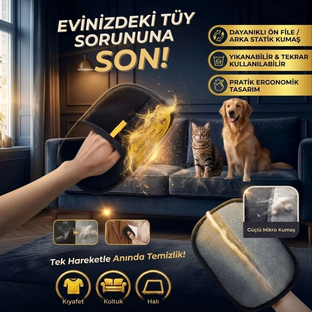 Büyük Boy Evcil Hayvan Tüy Alma Eldiveni, Geliştirilş Elektrostatik Tüy Toplayıcı Kedi Köpek Bakım ve Tezlik Eldiveni